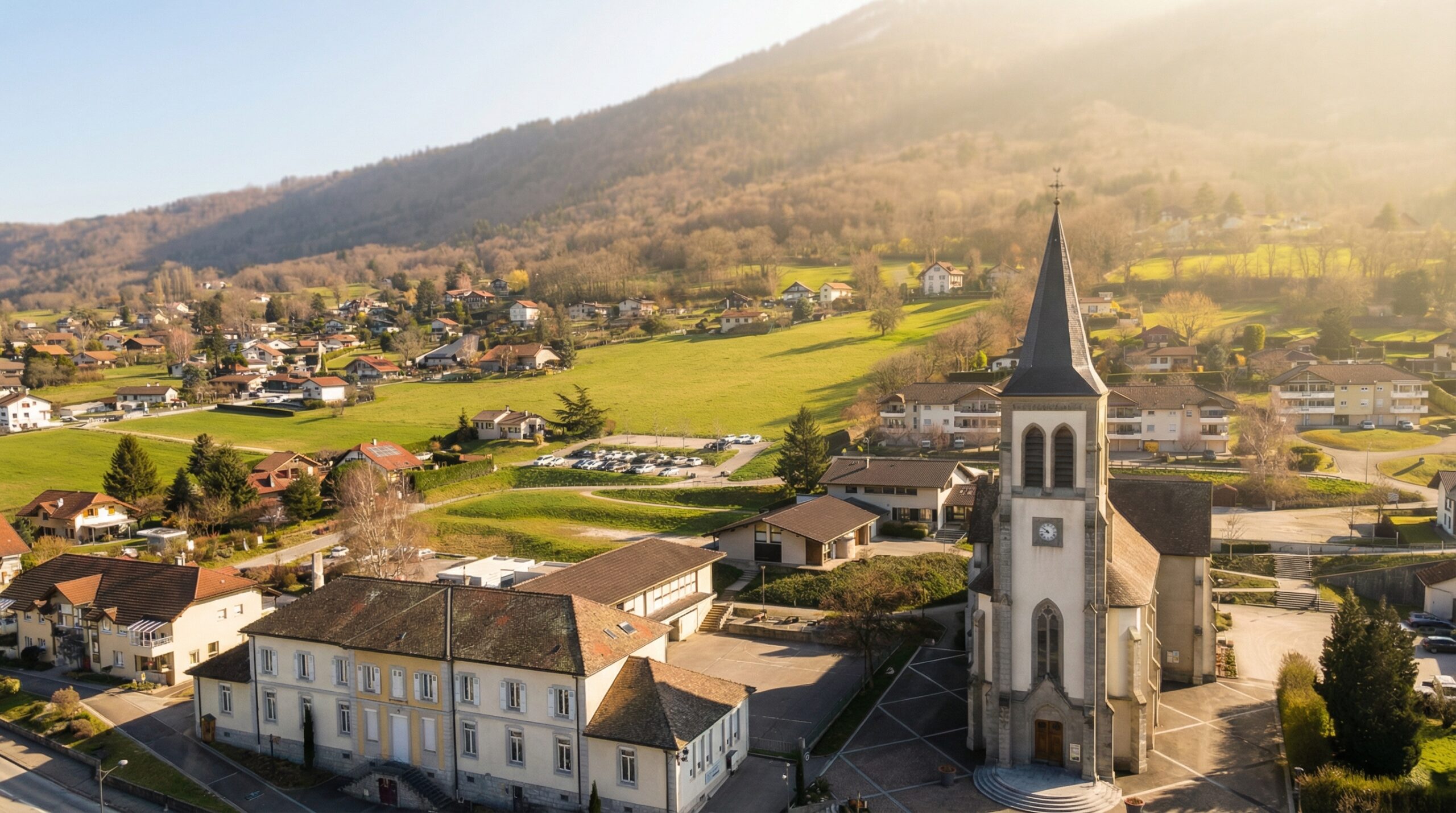 Vue a&eacute;rienne de Saint-Cergues, commune frontali&egrave;re de Haute-Savoie pr&egrave;s de Gen&egrave;ve, opportunit&eacute; d'investissement immobilier