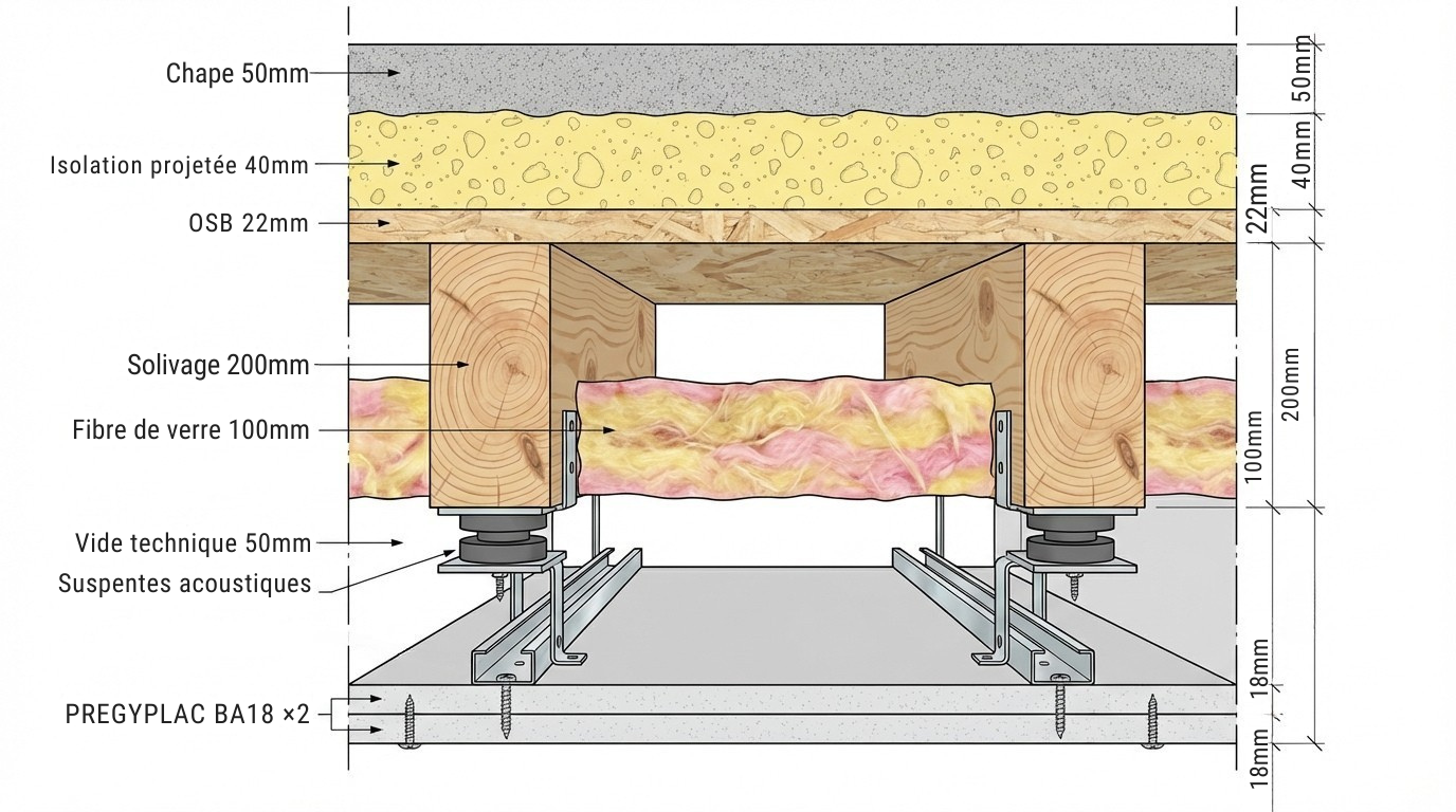 Composition du complexe plancher Holzeo : chape, isolation, OSB, solivage, fibre de verre, plaques BA18