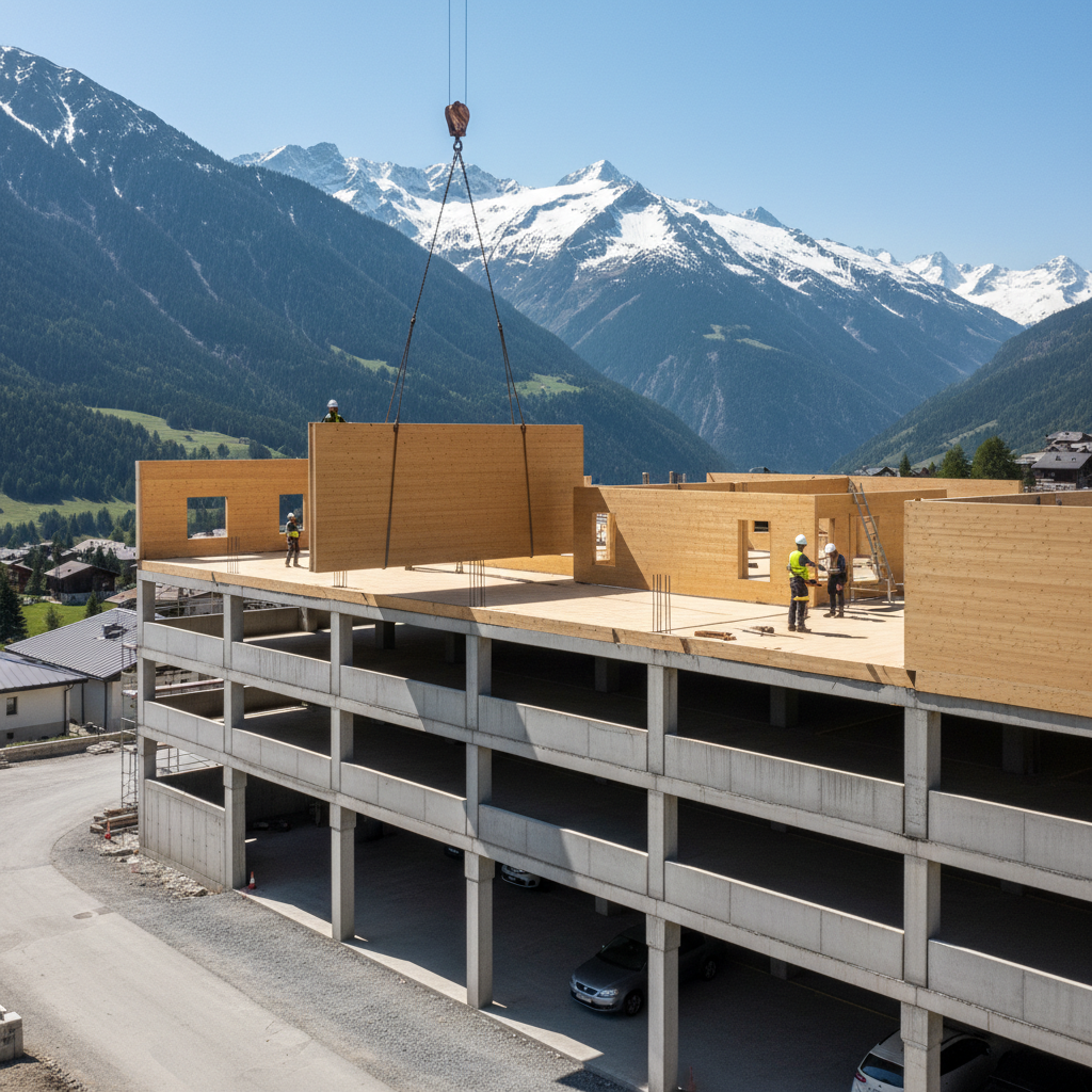 Chantier de construction bois au-dessus d'un parking avec les Alpes en arrière-plan