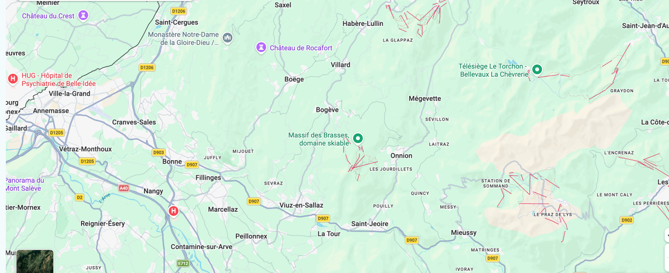 Carte montrant Bogève dans la Vallée Verte entre Annemasse et Les Gets