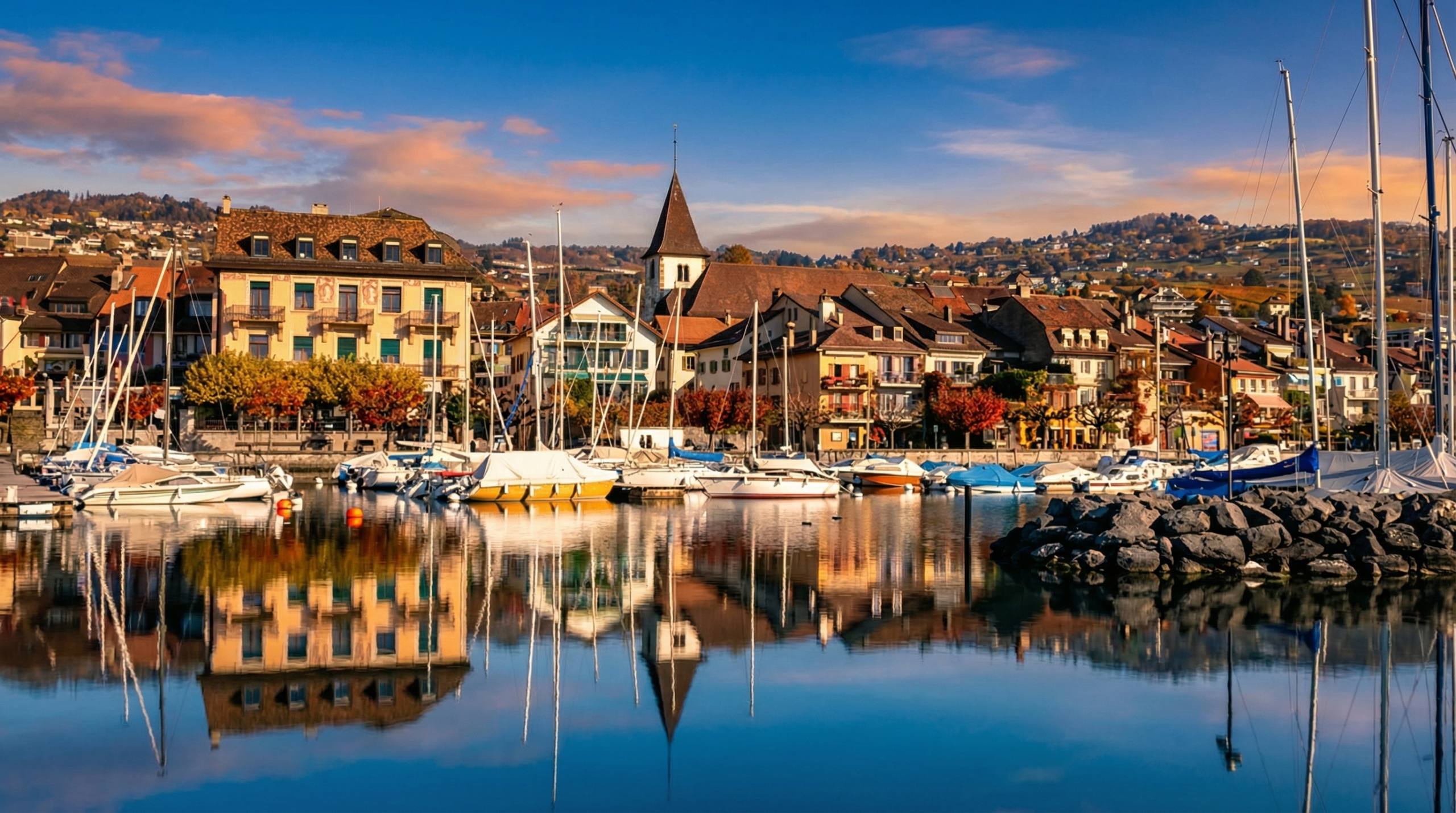 Port sur le Lac Léman au coucher du soleil, bateaux et village en arrière-plan