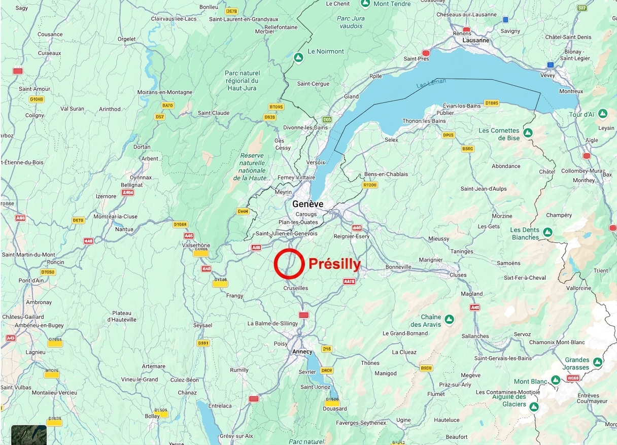 Carte montrant Présilly entouré en rouge, au pied du Salève entre Saint-Julien-en-Genevois et Cruseilles