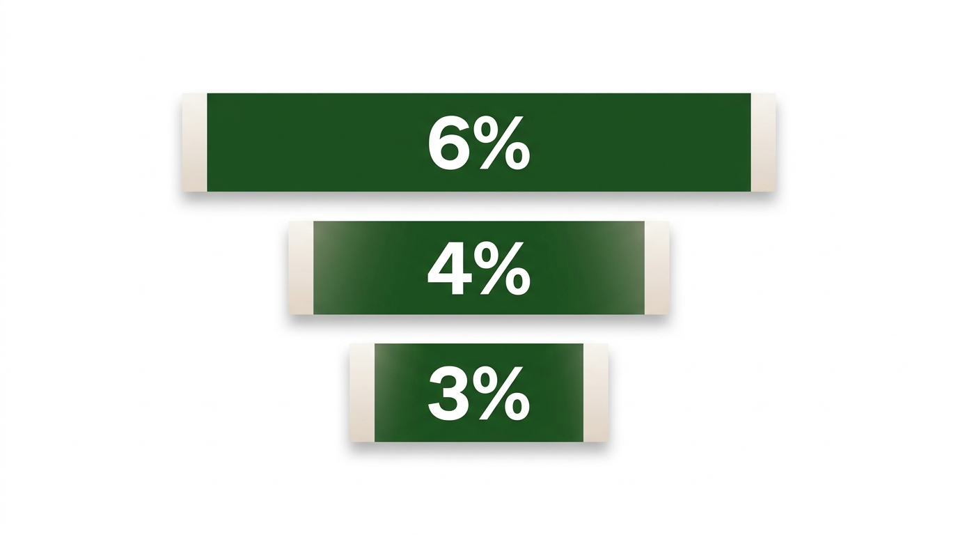 Illustration comparant visuellement les trois niveaux de rendement locatif : brut 6%, net 4% et net-net 3%, avec des barres de tailles décroissantes en vert foncé