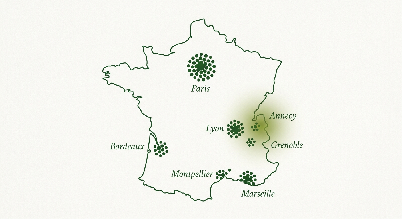 Carte minimaliste de France avec les principales villes d'investissement locatif (Paris, Lyon, Marseille, Grenoble, Montpellier, Bordeaux, Annecy) et une zone mise en valeur en Haute-Savoie