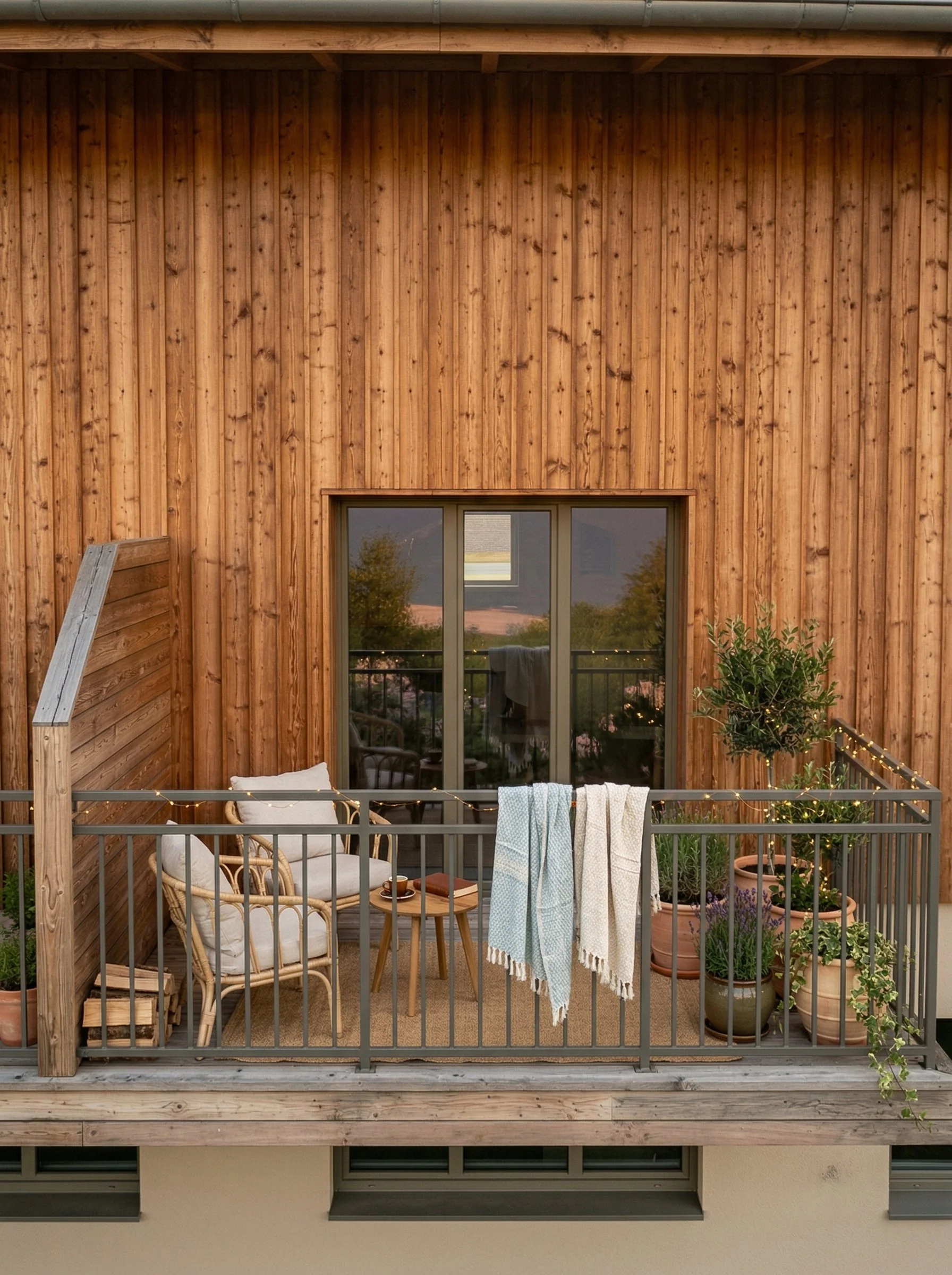 Balcon avec bardage bois et mobilier de jardin