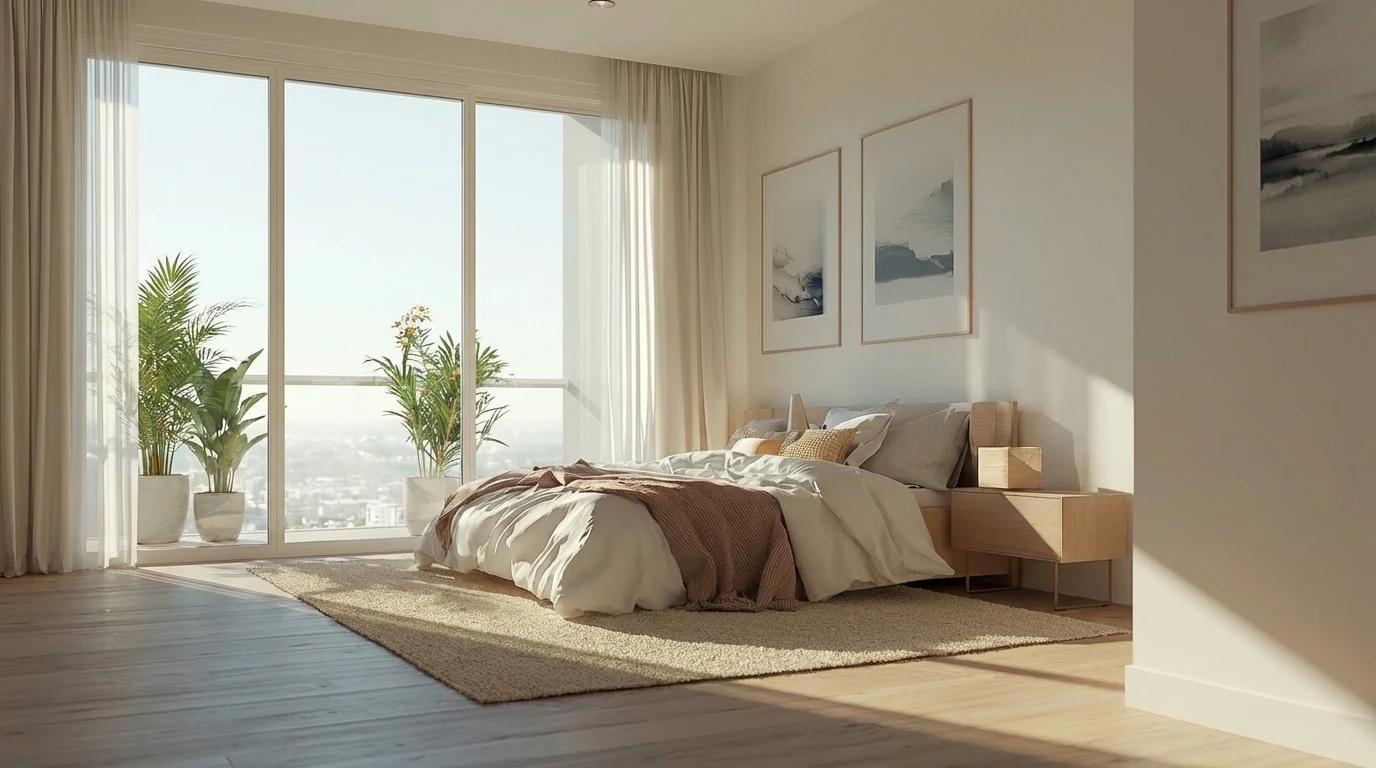 Chambre lumineuse avec grandes baies vitrées et vue dégagée