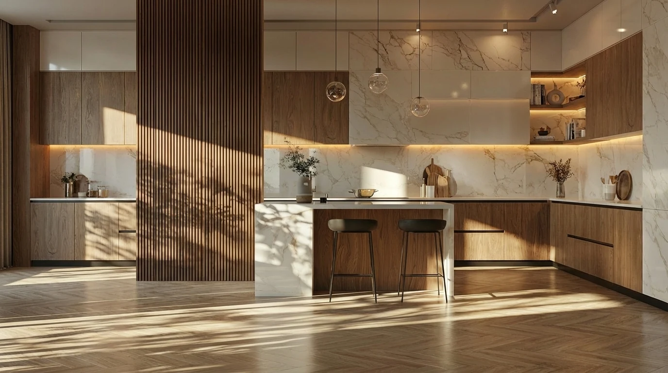 Cuisine moderne bois et marbre avec suspensions design