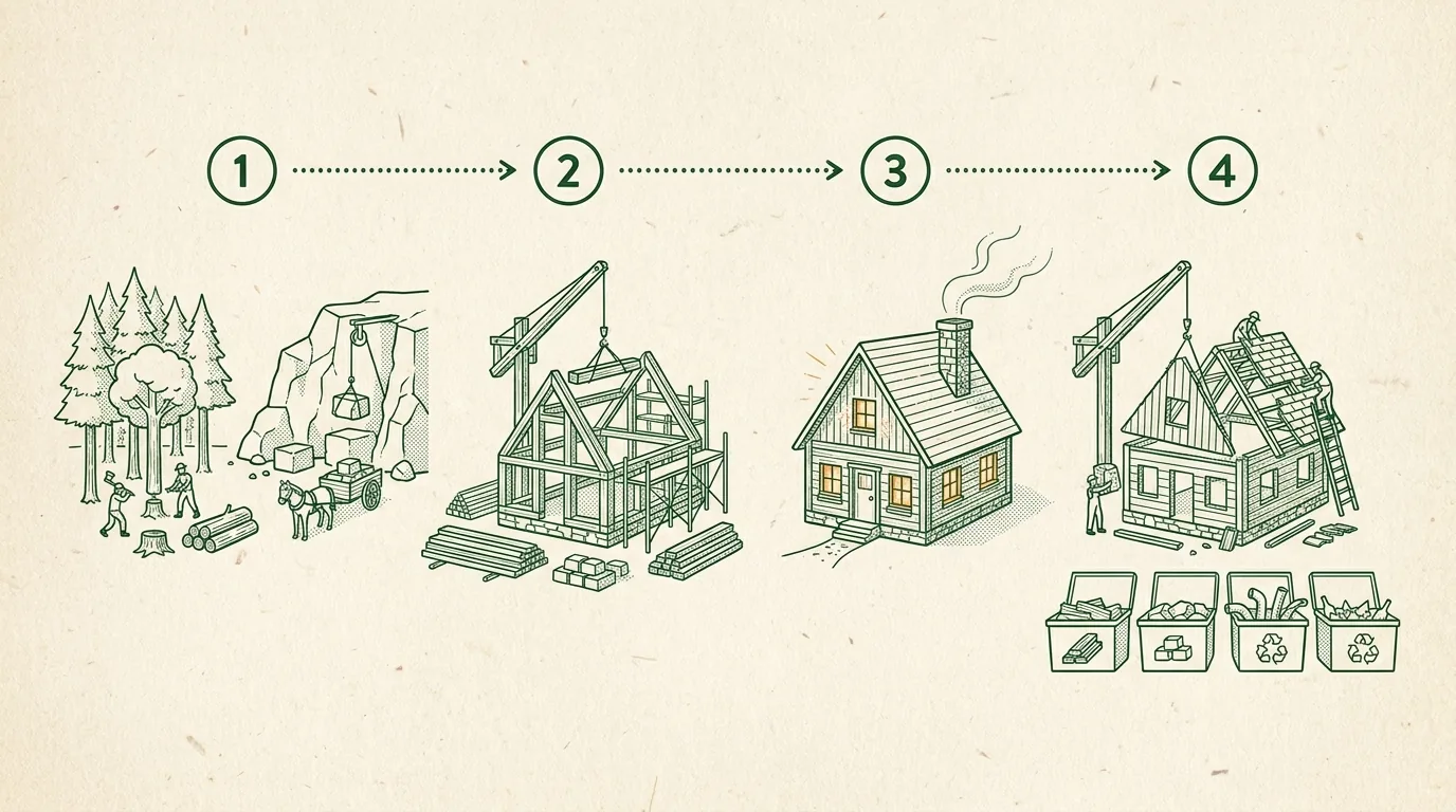 Schéma illustré du cycle de vie d'un bâtiment en 4 phases : production des matériaux, construction, exploitation et fin de vie
