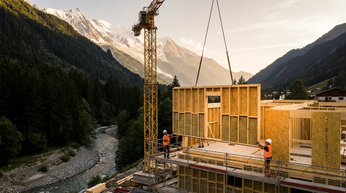 Pan de mur en ossature bois préfabriquée (montants verticaux et isolation biosourcée) levé à la grue, illustration d'un chantier de construction bois en montagne