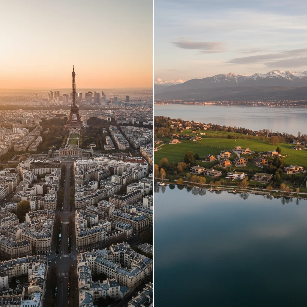 Comparaison aérienne entre Paris et le Grand Genève français : deux références pour l'investissement immobilier sûr