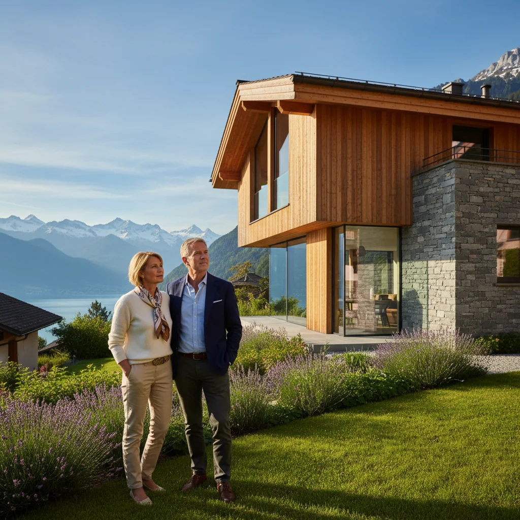 Couple d'investisseurs devant leur villa contemporaine en bois en Haute-Savoie avec vue sur les Alpes