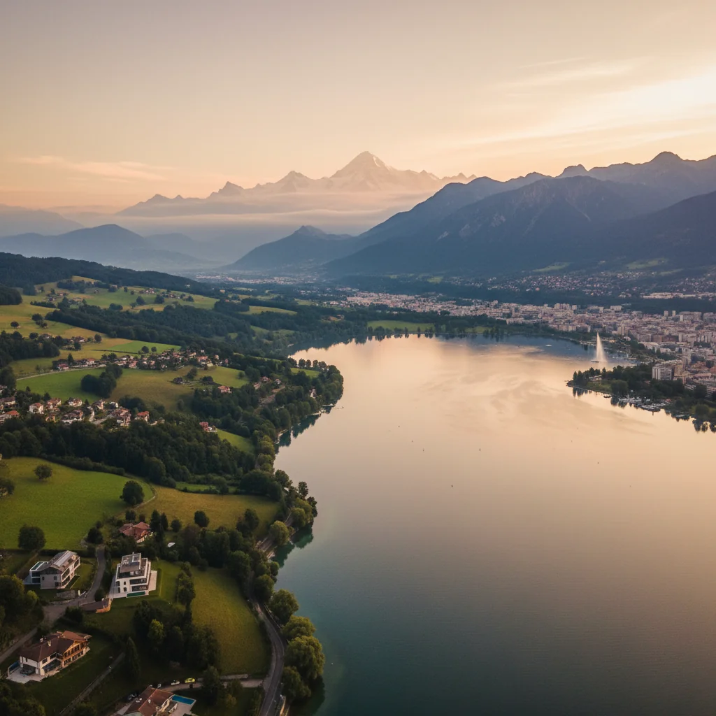 Vue panoramique aérienne du Grand Genève avec le lac Léman et les Alpes en arrière-plan