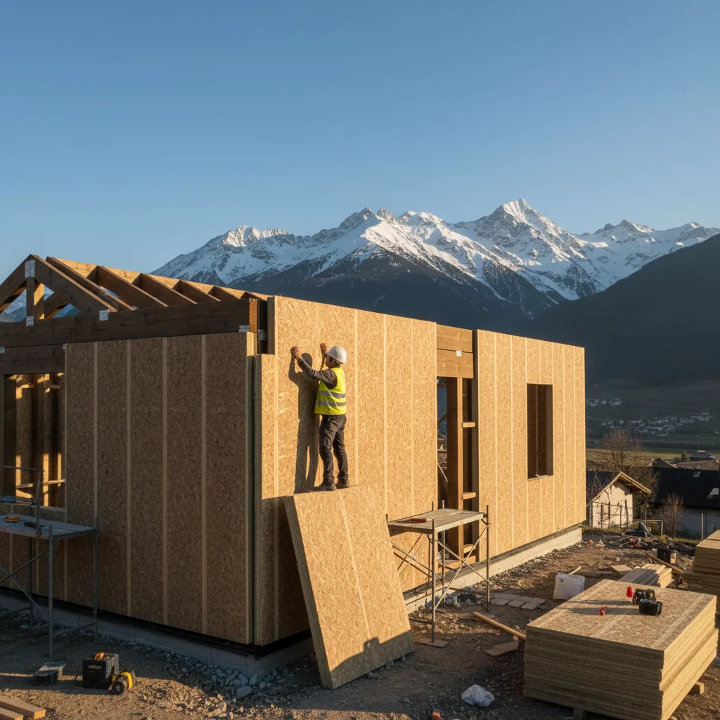 Pose de panneaux fibre de bois en isolation extérieure sur une maison à ossature bois en Haute-Savoie