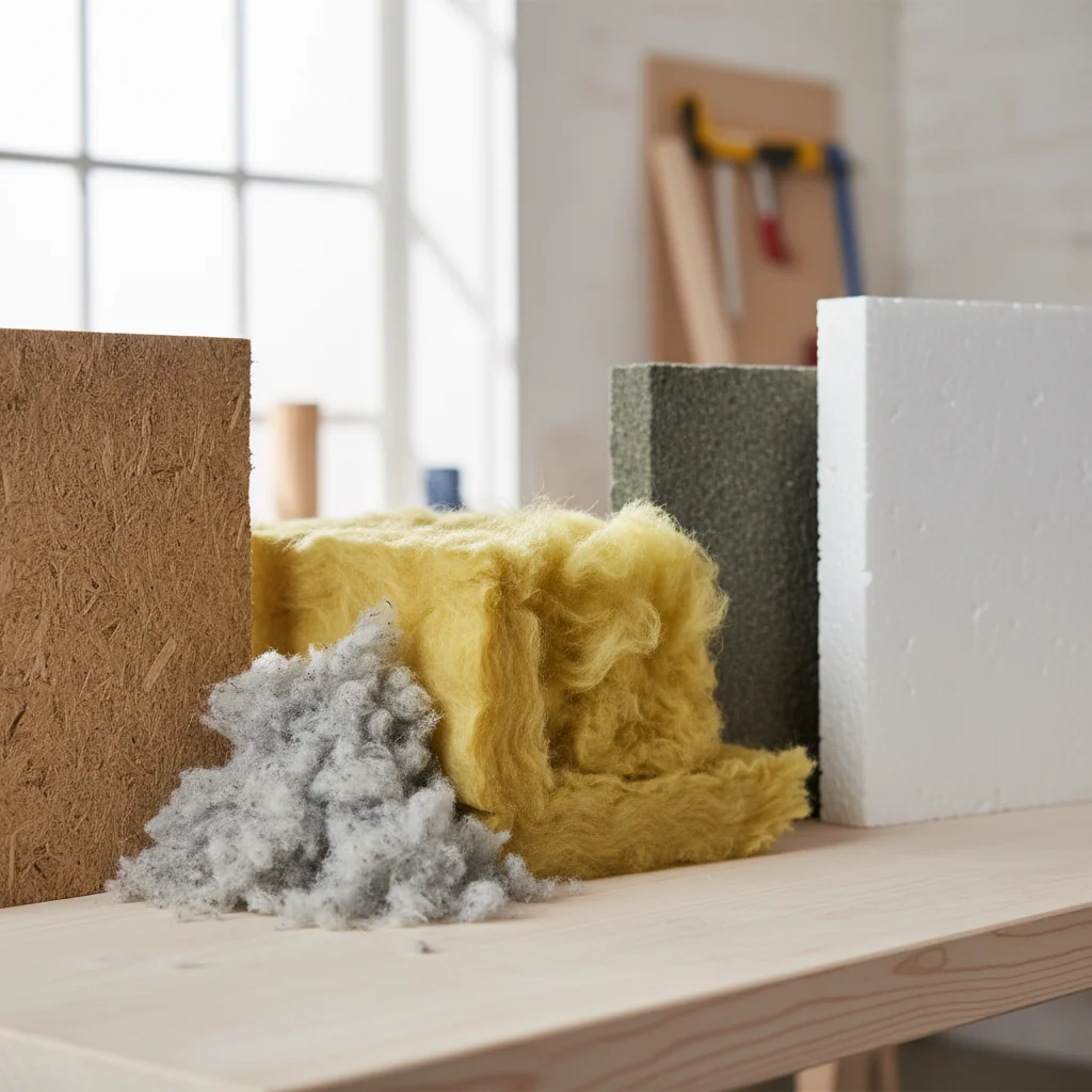 Cinq échantillons d'isolants côte à côte : fibre de bois, ouate de cellulose, laine de verre, laine de roche, polystyrène