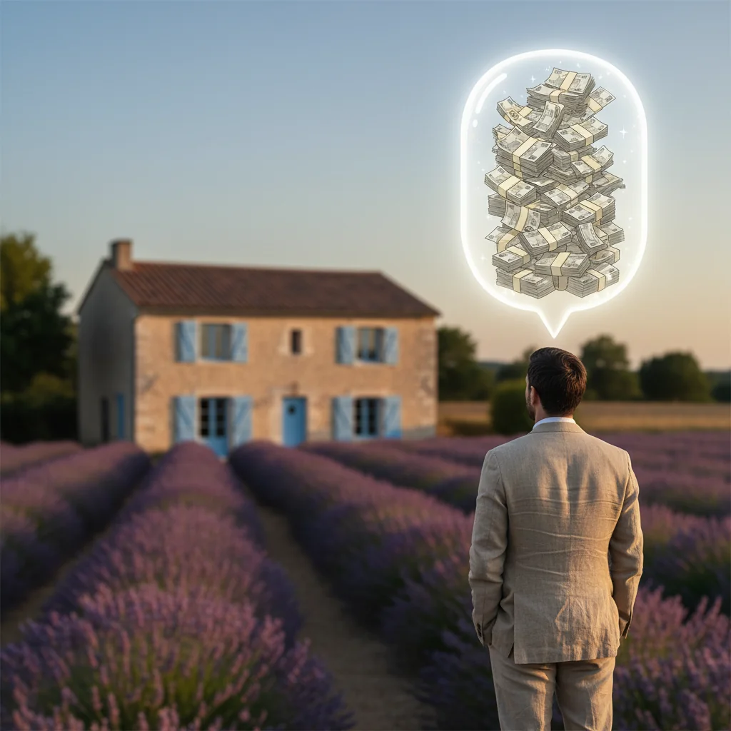 Homme en costume observant un mas provençal au milieu de champs de lavande, avec au-dessus de lui une bulle de pensée montrant des liasses de billets en euros - illustration des biais de surévaluation des vendeurs particuliers