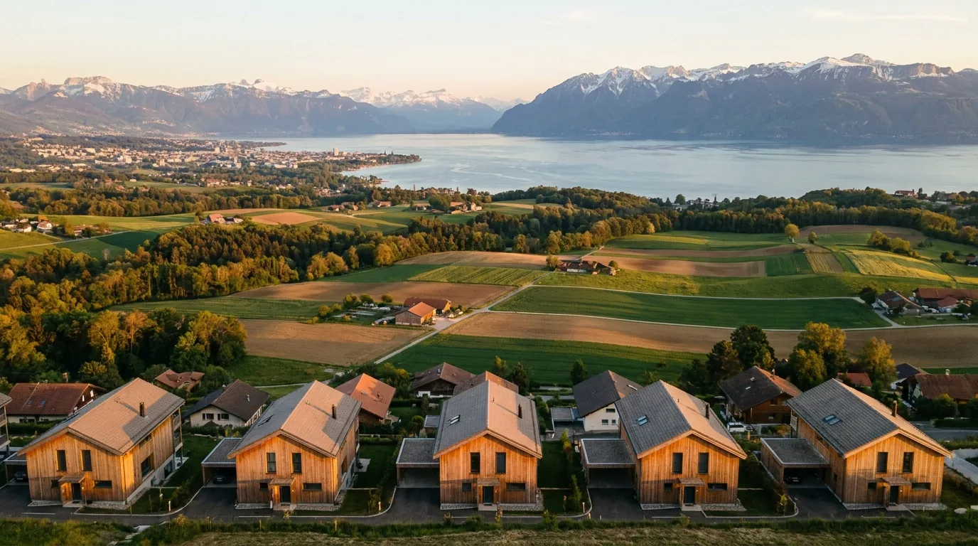 Vue panoramique aérienne d'un village frontalier franco-suisse au lever du soleil avec Genève et le lac Léman à l'arrière-plan